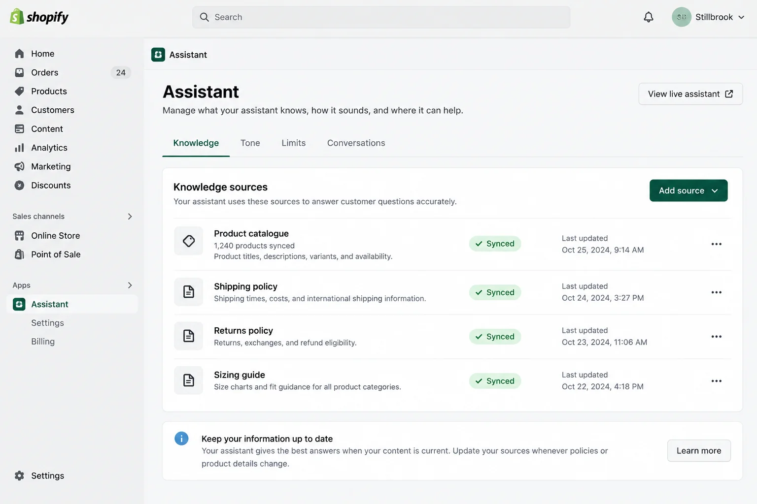 Admin knowledge tab listing the product catalogue, shipping, returns and sizing sources, all synced.