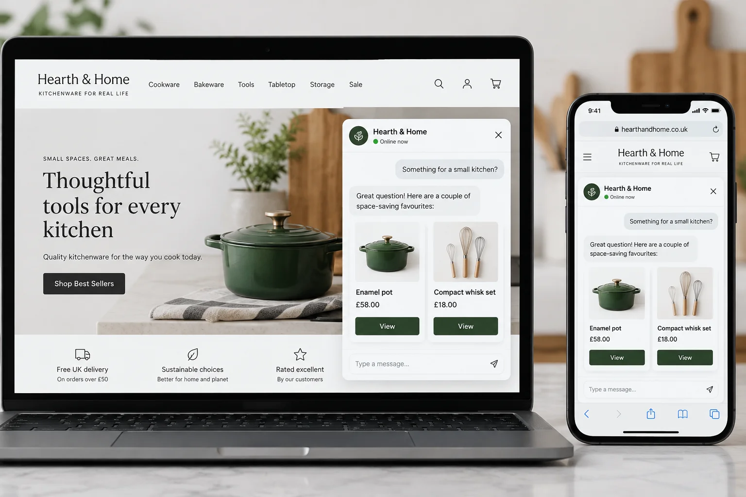Chat widget on a kitchenware store, on laptop and phone, suggesting an enamel pot and a whisk set.