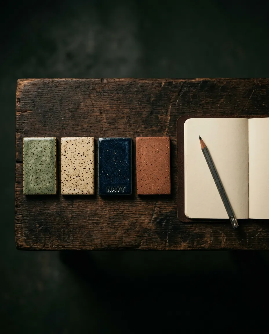 Speckled glaze test tiles in sage, oat, navy and clay beside a notebook and pencil.