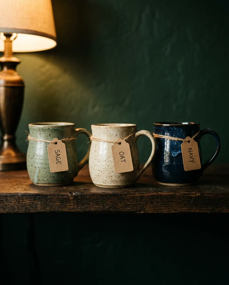 Three stoneware mugs in sage, oat and navy glazes, each with a kraft tag.