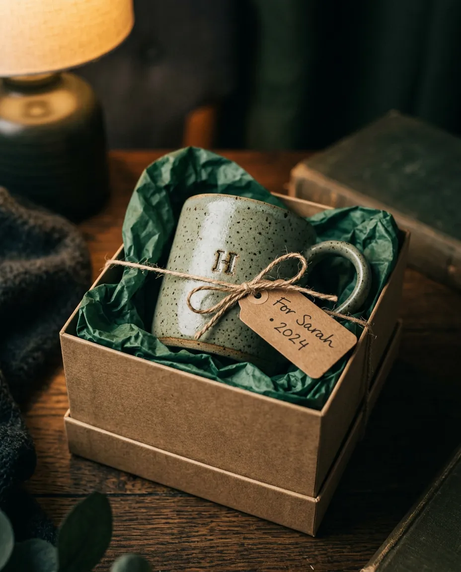 A personalised stoneware mug in a kraft gift box with green tissue and a tag.